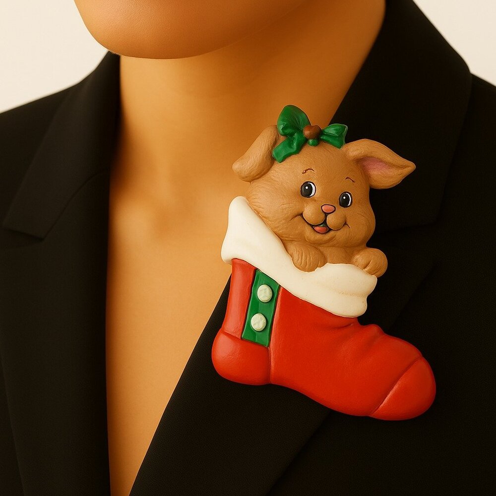 Holiday Dog in Stocking Brooch – Elegant Vintage Christmas Puppy Pin 1.5x1.5''